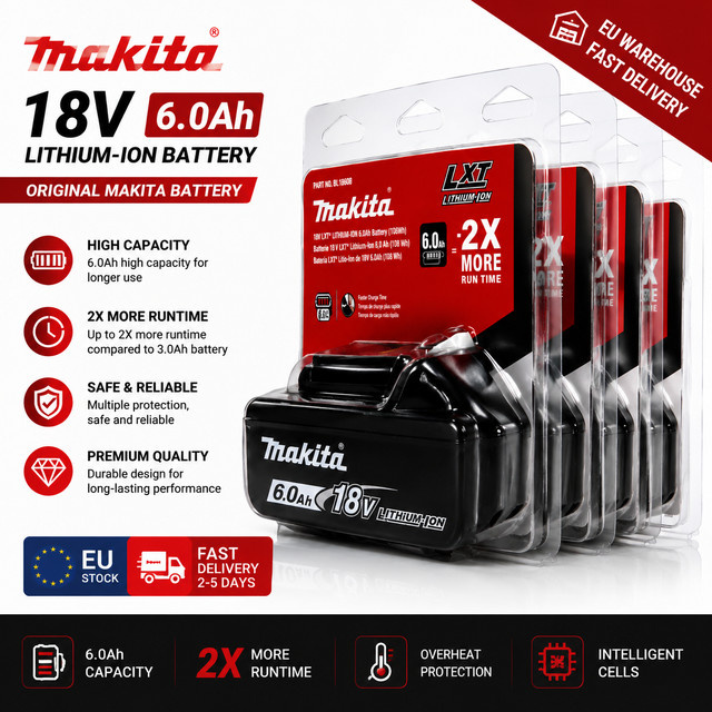 Makita Ersatz-Lithium-Ionen-Akku 18V mit 6000mAh in Schwarz für BL1840 BL1830B BL1850B BL1850 BL1860 BL1815 - Bild 1