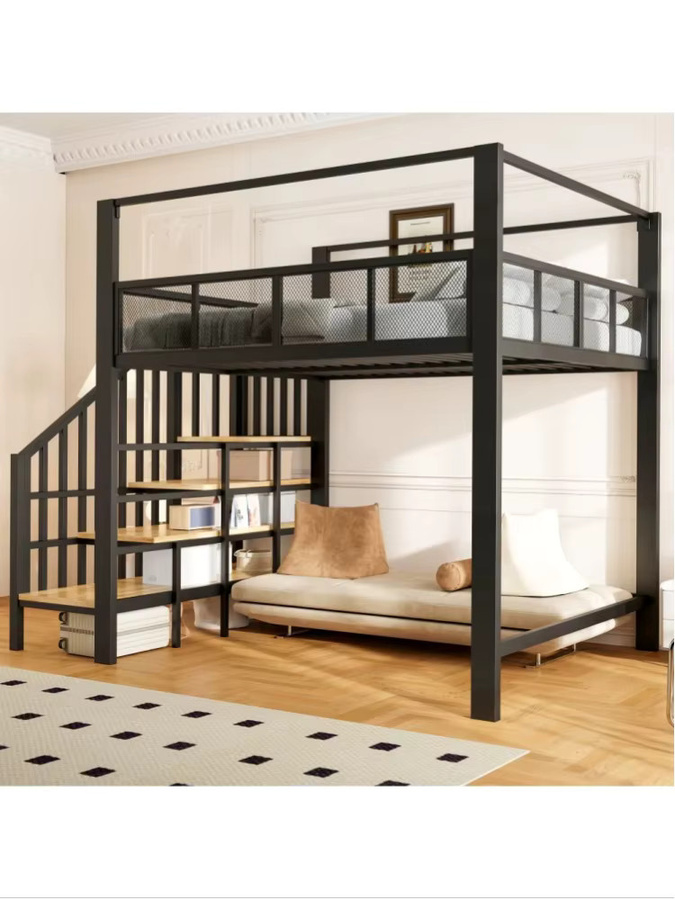 Modernes Metall-Hochbett in Schwarz mit dekorativem Baldachin, integriertem Schreibtisch, Stauraum, Treppe und Sicherheitsgeländer für Kinderzimmer oder Home-Office, Maße: 140 x 200 cm - Bild 1