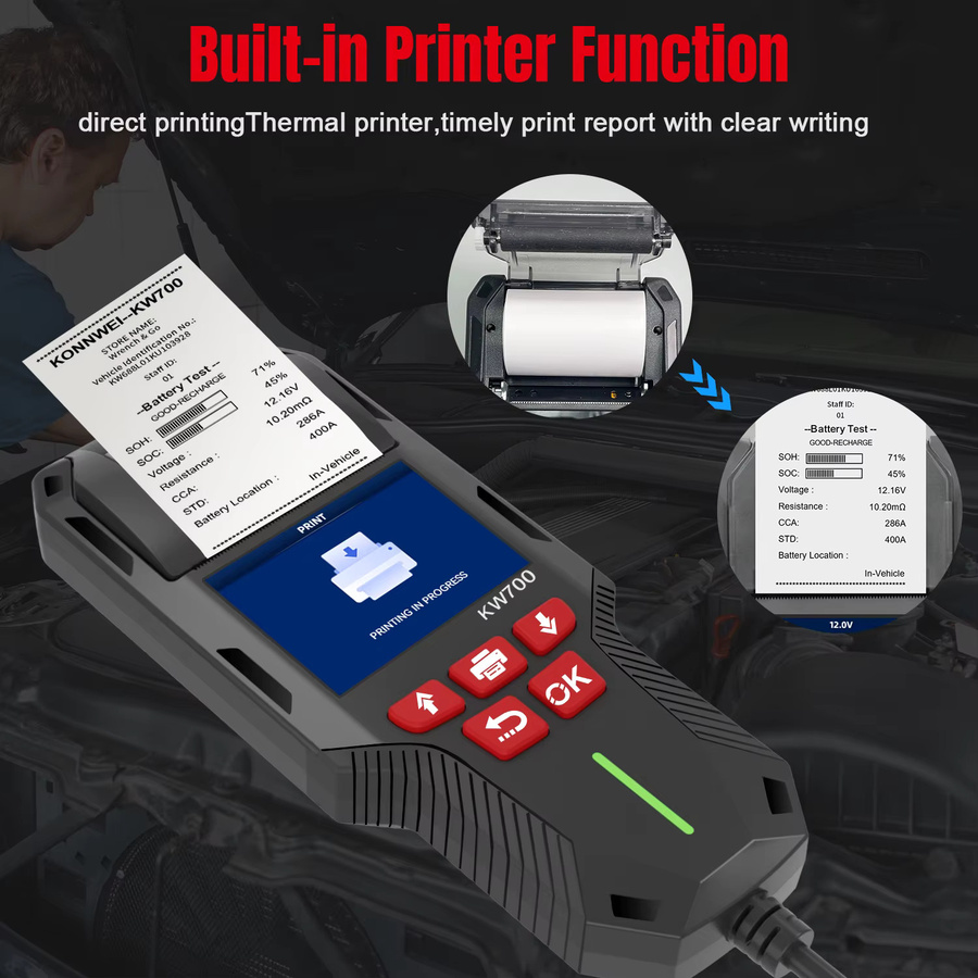 KONNWEI KW700 Batterietester für Auto, LKW und Motorrad mit Drucker, 12V/24V, 10-2000CCA, Diagnosegerät für Spannung, CCA, SOC und SOH, Schwarz - Bild 2