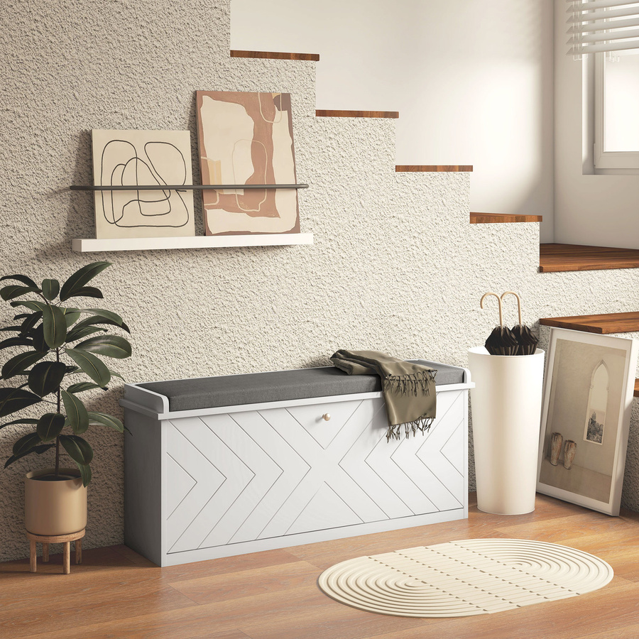 HOMCOM Schuhablagebank mit Sitzkissen und klappbarer Schublade, Schuhschrank für Flur und Schlafzimmer, Weiß, B/T/H: 100 x 26 x 44,5 cm - Bild 2