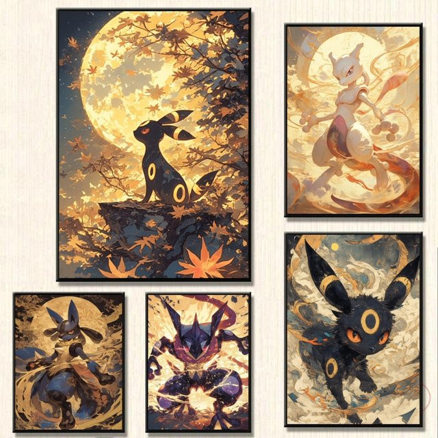 TAKARA TOMY Pokemon Wandkunst Leinwand Poster mit Mewtwo und Umbreon im Retro-Stil, Multicolor - Bild 1