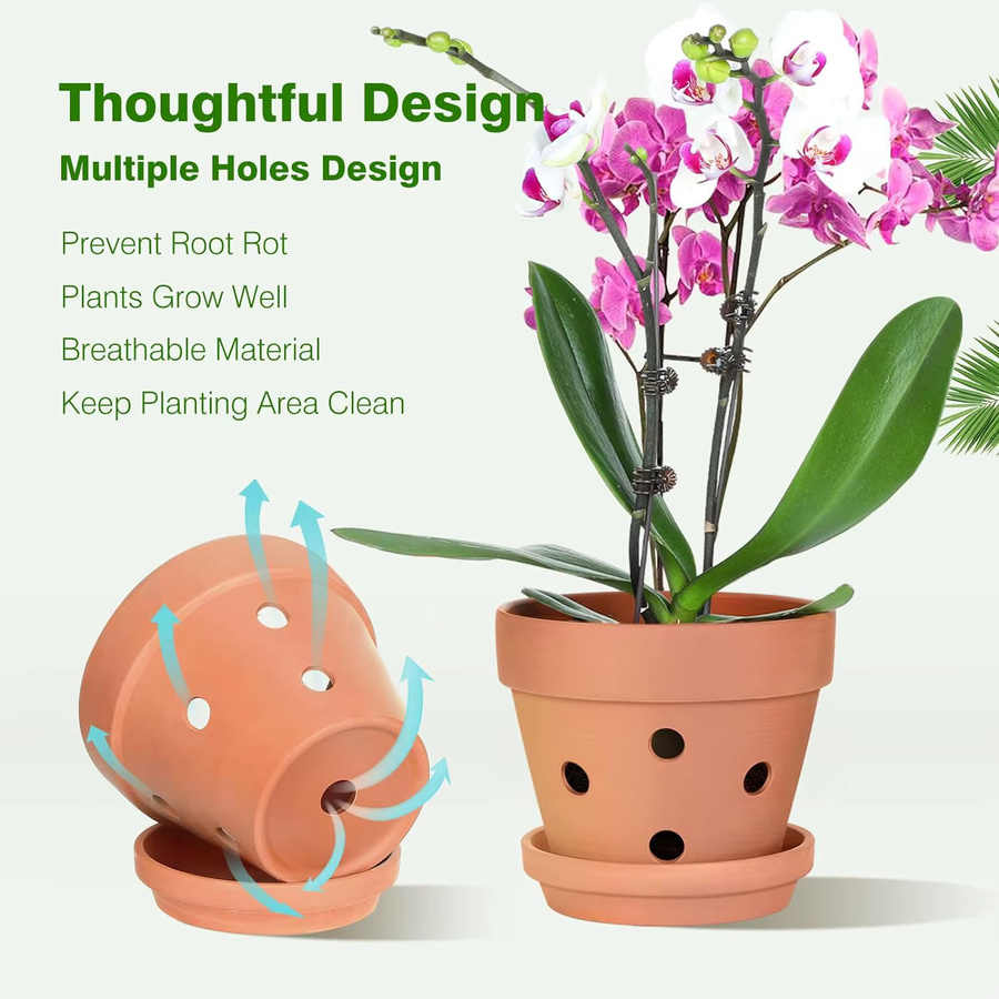 6er Set MINITAKING Terrakotta Orchideentöpfe mit Untertassen in Orange und Braun, 4 Zoll Pflanzentöpfe für Zimmerpflanzen - Bild 4