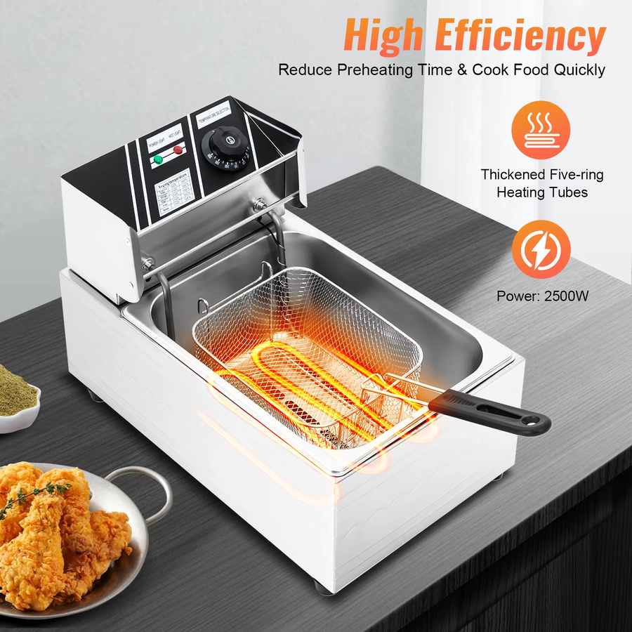 Bymaocar Elektro-Fritteuse aus Edelstahl mit 2500W Leistung, 6L Fassungsvermögen, variable Temperaturregelung und Überhitzungsschutz, Farbe: Silber - Bild 4