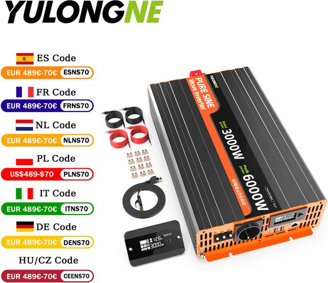 YULONGNE Reiner Sinus-Wechselrichter DC 12V zu AC 230V mit Fernbedienung und LCD, Farbe: Schwarz - Bild 1