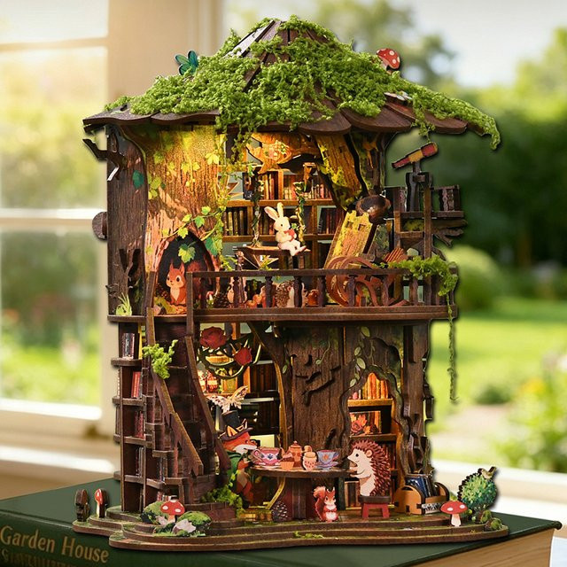 ELEVEN-CUTE DIY Holz-Wald-Buchclub-Bücherregal-Miniaturmodellbausatz, mit Möbeln, LED-Beleuchtung - Bild 1