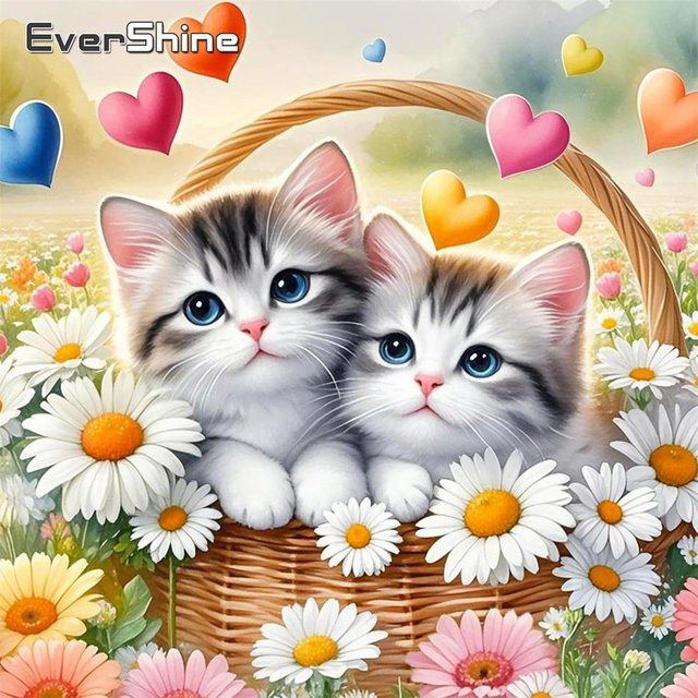 Evershine Kreuzstich Stickerei Set Katze mit Gänseblümchen in Multicolour, 11CT, quadratisch, 30 x 30 cm - Bild 1