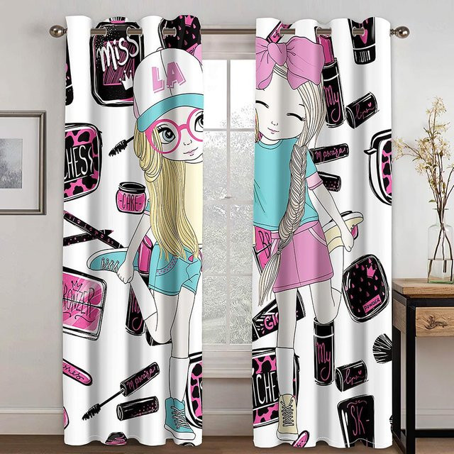 Dekorative Kosmetik-Vorhänge für Teenager mit Lippenstift- und Lidschatten-Motiv, 2er-Set, halbtransparent, Mehrfarbig, B: 50 cm, H: 130 cm - Bild 1