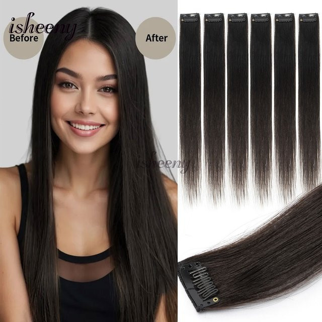 Isheeny Clip-in Echthaarverlängerungen, 6er-Set, glatt, 12-16 Zoll, 30g - Bild 1