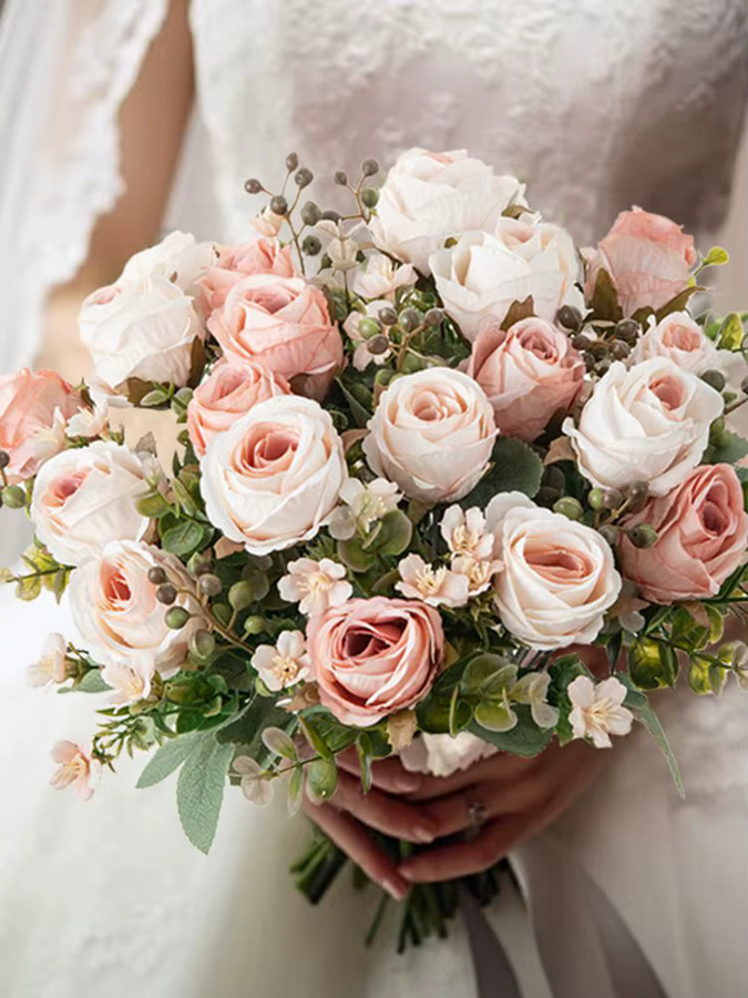 XIAOYINMO Künstliche Rosen Kranz aus Seide in Pink und Braun für Hochzeit, Valentinstag und Dekoration - Bild 2