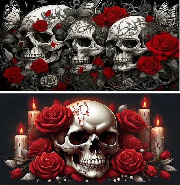 YOGOTOP Diamantmalerei-Set Totenkopf und Blumen mit Rundsteinen in Multicolour für Halloween-Heimdekoration - Bild 1