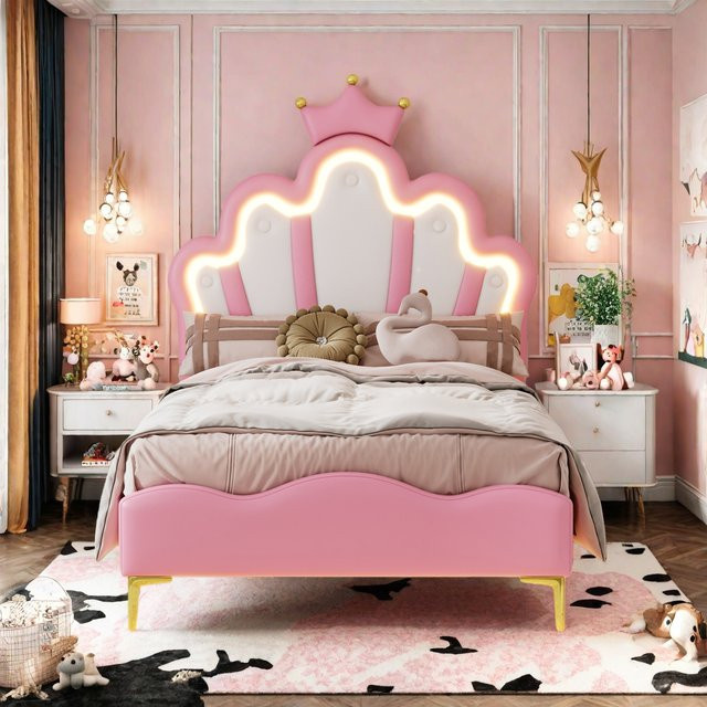 Superaly Gepolstertes Einzelbett für Kinder mit Kronen-Polsterkopfteil und LED-Beleuchtung, PU, Rosa, B: 90 cm, L: 200 cm - Bild 1