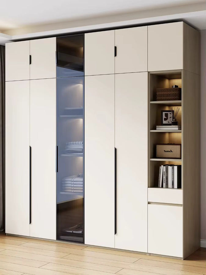 OVOZI Kleiderschrank mit integrierter Beleuchtung und offenen Regalfächern, weiß matt, minimalistisches Design für das Schlafzimmer - Bild 4