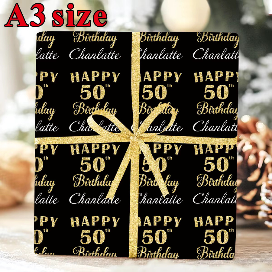 3 Blatt personalisiertes Bastelpapier für Geburtstagsgeschenke in Schwarz mit individuellem Happy Birthday, Name und Alter für deine Party-DIY-Verpackung - Bild 4