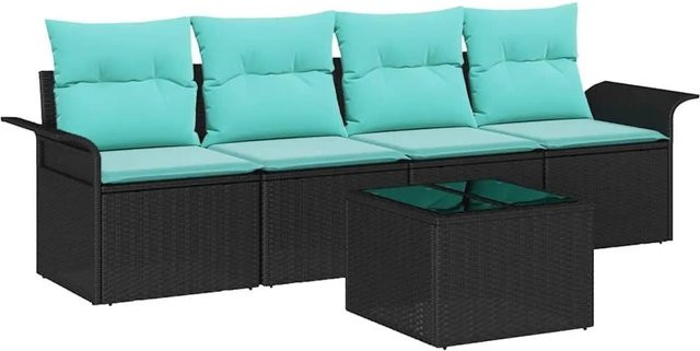 vidaXL Gartenmöbel-Set aus Poly-Rattan mit 5 Kissen in Schwarz und Türkis inklusive 3-Sitzer-Sofa, 2-Sitzer-Sofa und Couchtisch - Bild 1