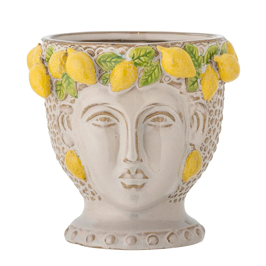 Bloomingville Blumentopf aus Steingut in Gelb und Limone mit handgemaltem Gesicht und Zitronenkranz für mediterranes Flair, Höhe: 16,5 cm - Bild 1