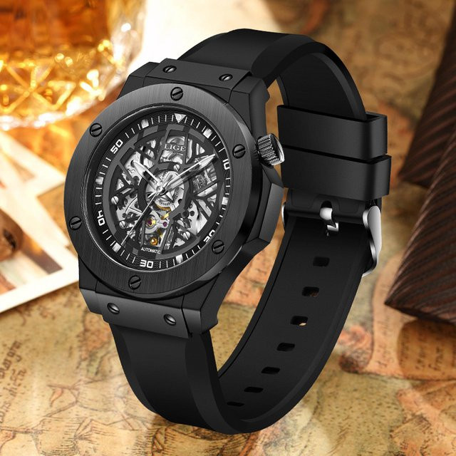 LIGE Armbanduhr Automatik, Silikon, Schwarz, Herren - Bild 1