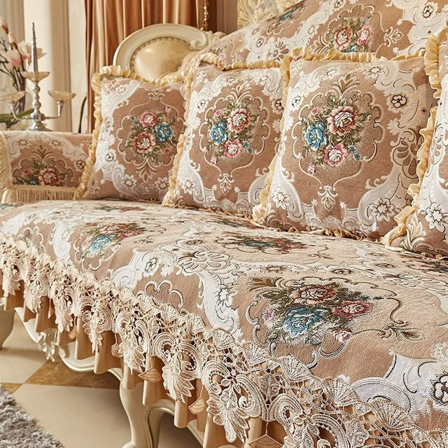 Super Six Jacquard Sofakissen aus Chenille und Baumwolle mit floraler Bestickung, Beige, B/B: 70 x 70 cm - Bild 1