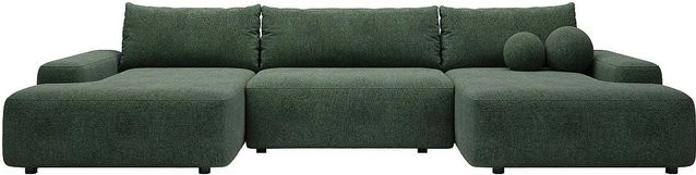 Vente-unique Schlafsofa Daviso in Piniengrün, L-Form mit Schlaffunktion und Stoffbezug, Breite: 360 cm - Bild 1