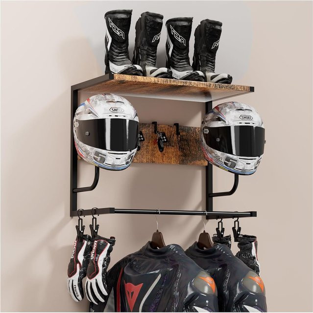 HiMISS Wandmontierte Motorradjacken- und Helmhalterung aus Metall als taktischer Ausrüstungsorganizer und Haken für Reitausrüstung und Outdoor-Equipment - Bild 1