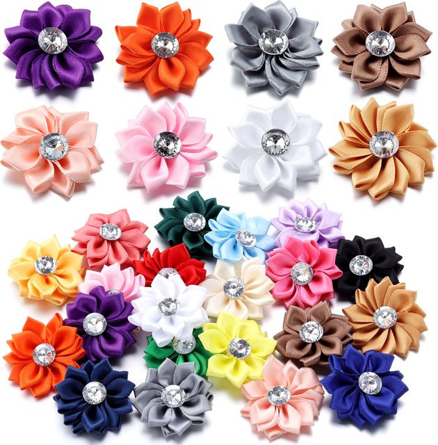20 Stück Louleur Mini-Satinband-Blumen mit Strass in Bunt und Lila, Durchmesser: 4 cm, handgemachtes Zubehör für DIY-Kleidung, Nähen und Dekoration - Bild 1