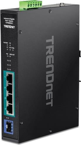 TRENDnet TI-PGM541 Gigabit Switch mit 4 x 10/100/1000 PoE+ Ports und 1 x SFP Port, 120 W PoE+ Leistung, Schwarz, DC-Betrieb, DIN-Schiene oder Wandmontage - Bild 1