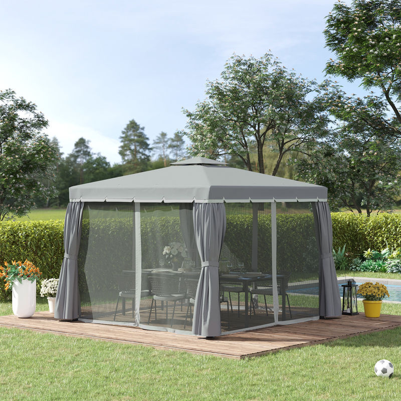 Outsunny Gartenpavillon mit Doppeldach und 4 Seitenteilen sowie Moskitonetz in Grau, B/T: 296 x 296 cm - Bild 2
