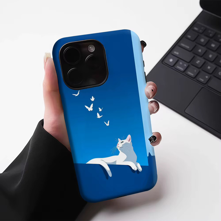 Robuste magnetische Handyhülle mit weißem Katzenmotiv für iPhone 17 16 15 14 13 Pro Max Plus in Weiß und Blau - Bild 5