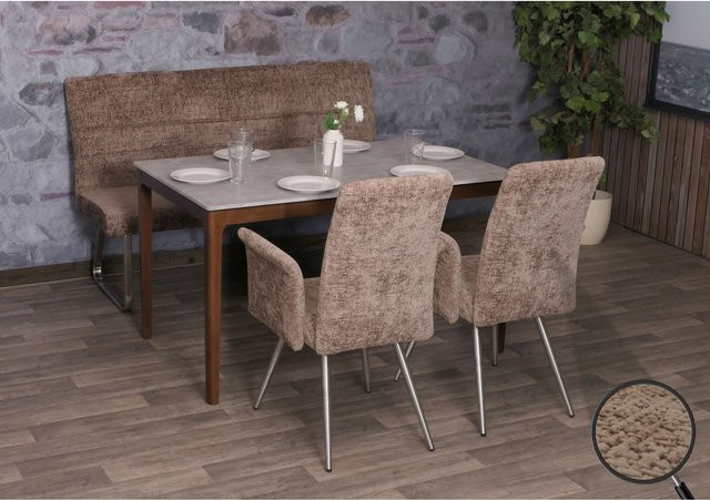 Esszimmer-Set MCW-G55 mit 2 Stühlen mit Armlehnen und einer Sitzbank, Farbe Braun, Material Chenille und Edelstahl gebürstet, Breite der Sitzbank: 160 cm - Bild 1