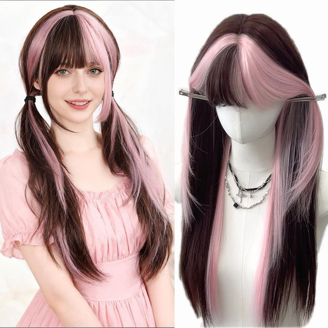 allaosify Perücke, Ombre rosa braun, mit Pony, Damen - Bild 1