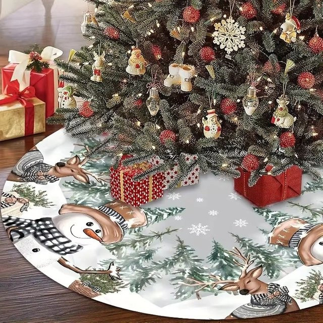 Weihnachtsbaum Rock ZQNYCY mit Schneemann Rentier und Schneeflocken Design, runde Baummatte aus Textil für deine Weihnachtsdekoration - Bild 1