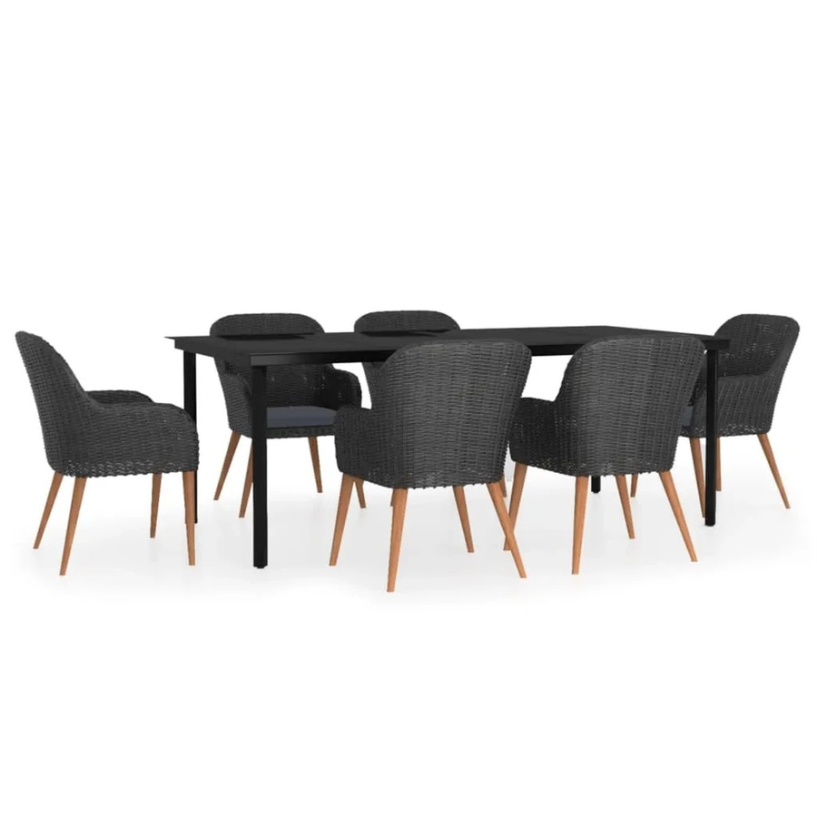 vidaXL 7-teilige Garten-Essgruppe aus PE-Rattan, Akazienholz und Stahl in Schwarz mit Kissen und Glastisch - Bild 2