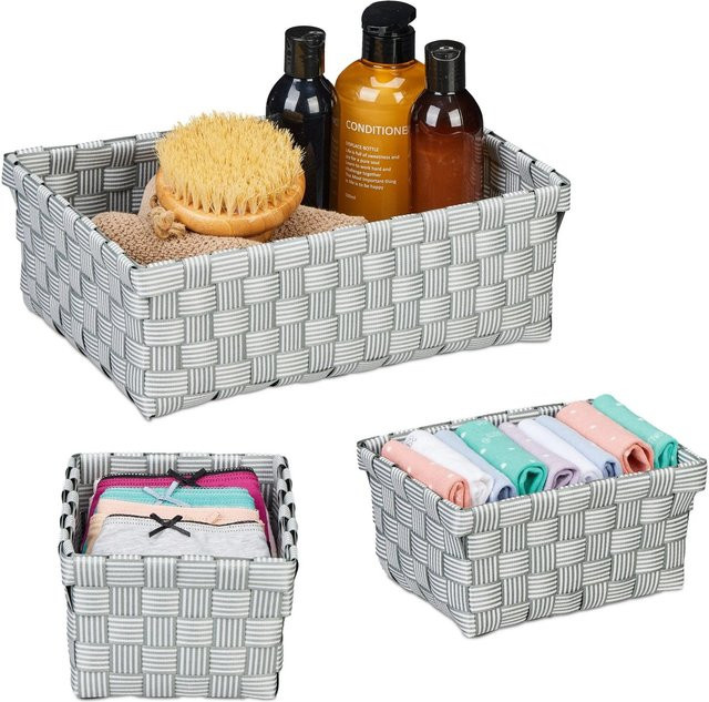 Relaxdays Aufbewahrungskorb 3er Set geflochten aus Kunststoff und Eisen in Grau und Weiß, B/T/H: 31 x 21 x 11 cm und 18,5 x 14,5 x 10 cm - Bild 1