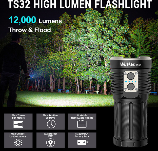 Wurkkos TS32 Hight Taschenlampe in Schwarz mit 12000 Lumen, IPX8 wasserdicht, wiederaufladbar mit 15W Rückwärtsladung und 3x 5000mAh Akku - Bild 1