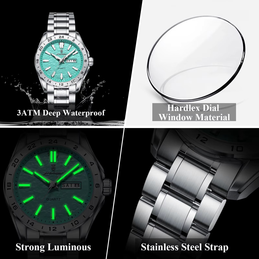 POEDAGAR Armbanduhr Quarz, Edelstahl, Silber, Herren, Datum, Wochentag - Bild 4