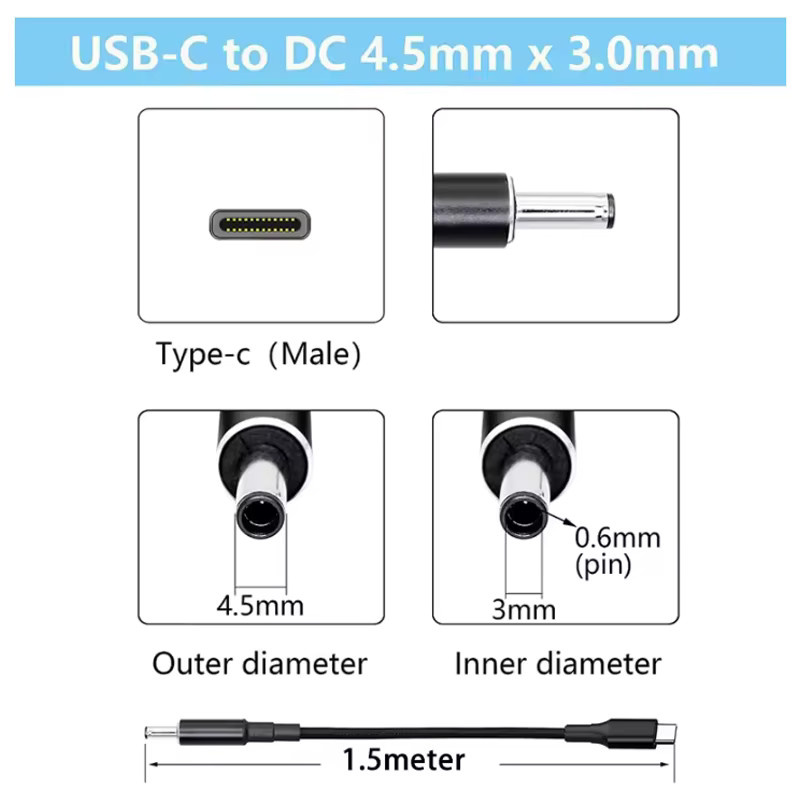Geris Power USB-C auf DC-Netzteilanschluss Steckerkonverter Adapter, 100 W, Schwarz, Anschlussgröße: 4,5 x 3,0 mm - Bild 2