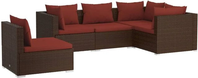 vidaXL 5-tlg Garten-Lounge-Set L-Form aus Poly Rattan in Braun mit Kissen und Metallgestell - Bild 1