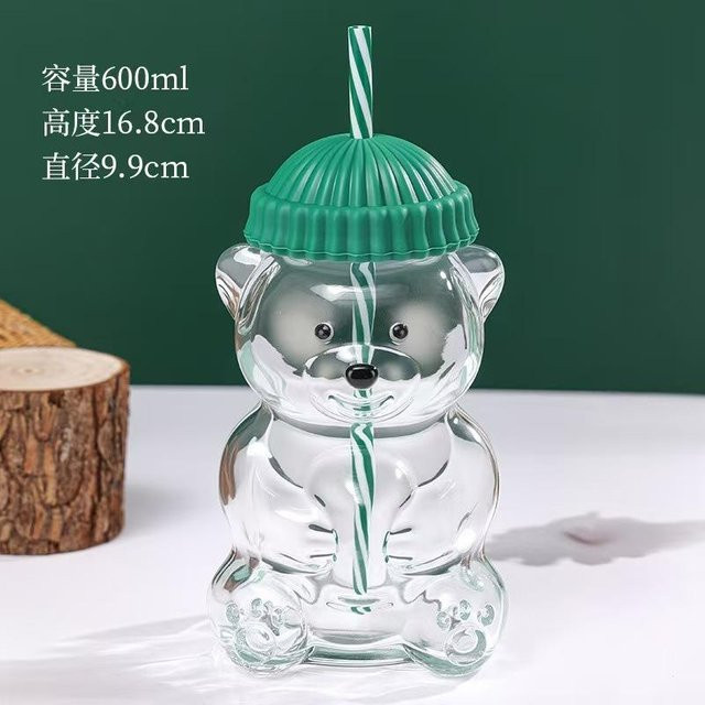 Yiran toy 1 Glasbecher in Bärenform mit Strohhalm, Grüner Cartoon Glasbecher für Saft, Tee oder Kaffee, Volumen: 501-600ml - Bild 1