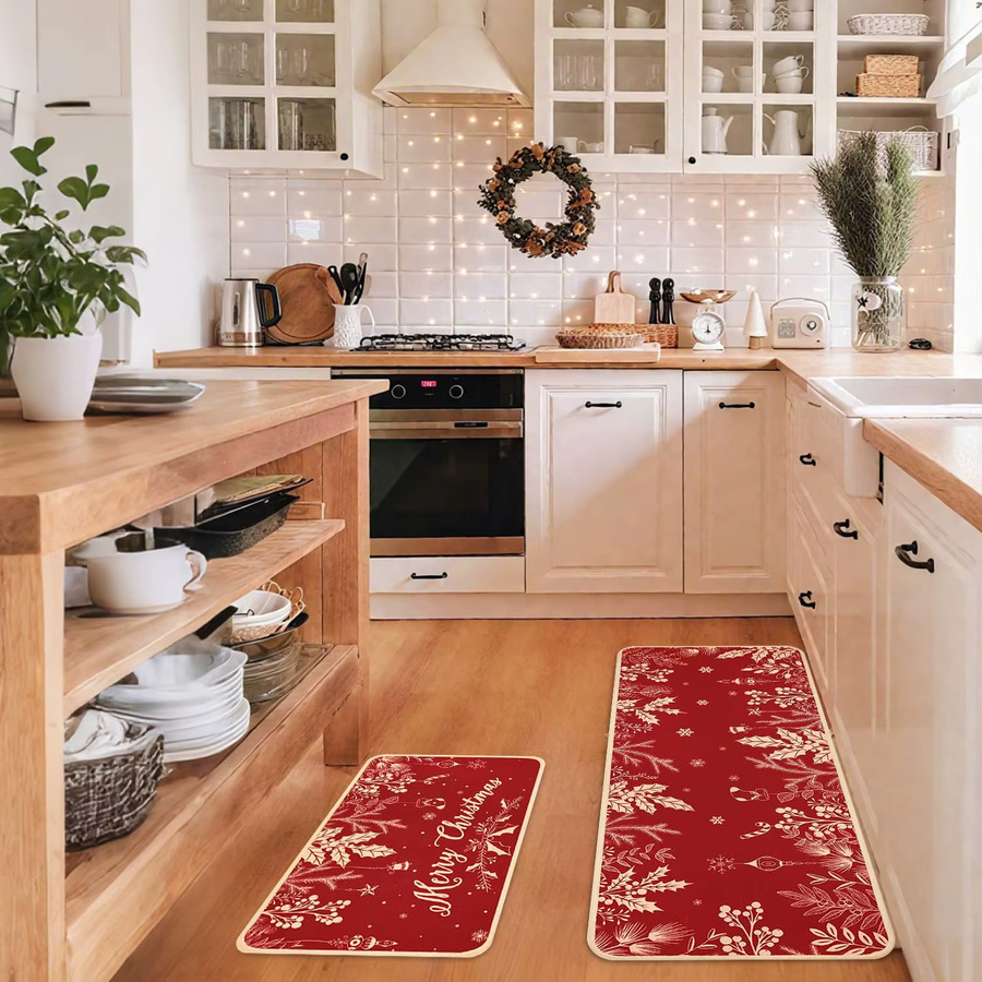 VIKAMA 2-teiliges Weihnachtsdekor Set mit Küchenteppich und Schiebe-Fußmatte in Rot im Bauernhaus-Stil für Küche und Schlafzimmer - Bild 2