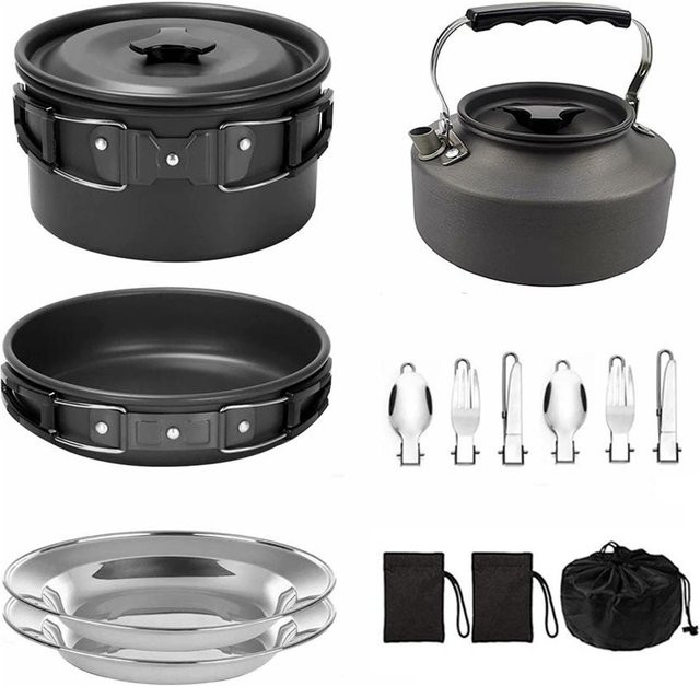 TOMTOP JMS Camping-Kochgeschirr-Set aus Aluminium und Edelstahl mit antihaftbeschichteter Pfanne, Topf und Wasserkocher in Schwarz - Bild 1