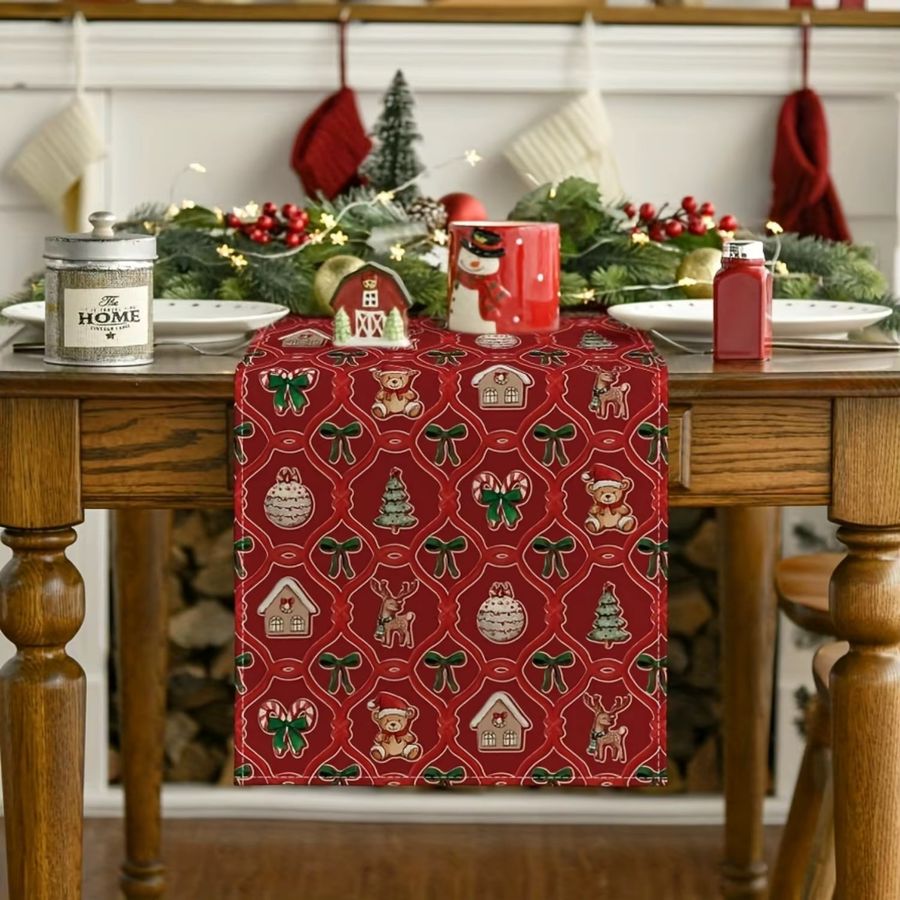 Dokriy Weihnachtstischläufer in Rot und Grün mit Bären, Hirschen, Stechpalmen und Zuckerstangenmustern - Bild 3