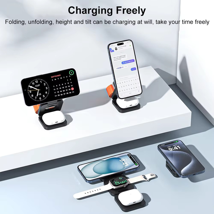 raugee 3 in 1 faltbare magnetische kabellose Ladestation für iPhone 15 14 13 12 Pro Max, Schwarz - Bild 3