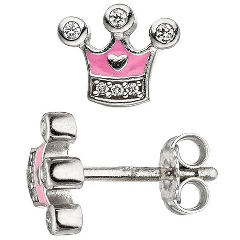 Colfem Kinder Ohrstecker Krone, 925 Silber, Zirkonia, rosa - Bild 1