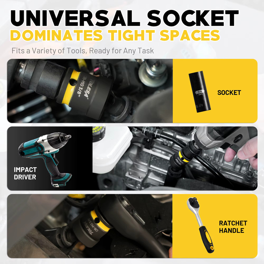 TOLESA 3-teiliges Universal-Gelenksteckschlüssel-Set aus Chrome-Molybdän in Schwarz mit 1/2 Zoll, 3/8 Zoll und 1/4 Zoll U-Gelenkadaptern - Bild 3