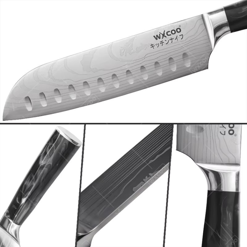 WXCOO Professionelles Küchenmesser Set in Silber mit Aufbewahrungsbox, bestehend aus Fleischmesser, gezahnten Steakmessern, Santoku und Fischfiletiermesser - Bild 4