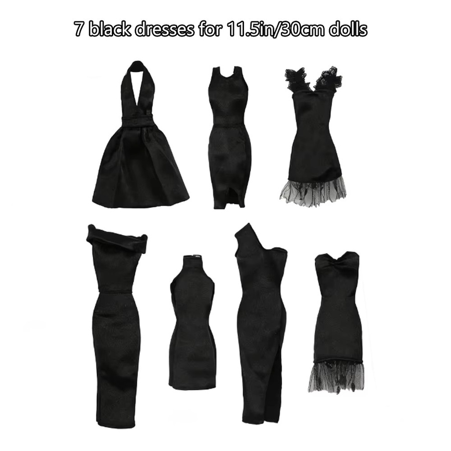 KIEKA Kleider für 11,5 Zoll/30 cm große Puppen, Zubehör, 7-teiliges Set, Schwarz - Bild 1