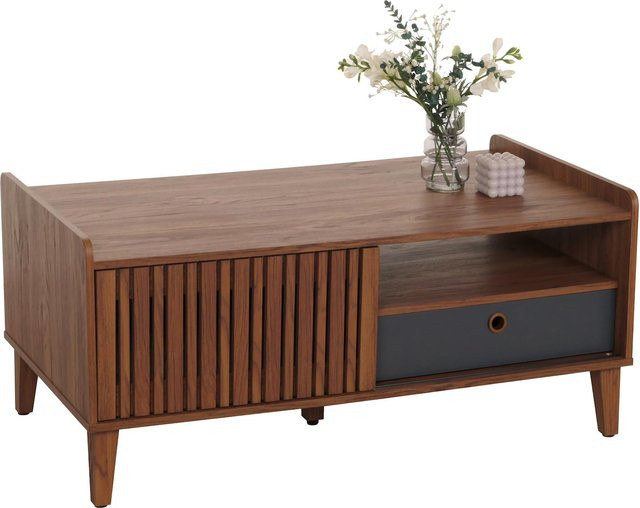 Couchtisch MCW M48 aus Mangoholz in Braun mit dunkelgrauer Schublade, B/T/H: 114 x 52 x 59 cm - Bild 1