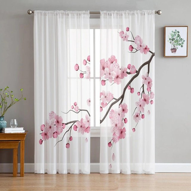 Transparente Tüllvorhänge von Your Warm Home mit japanischem Rosa Kirschblüten-Design in Weiß und Pink, Breite: 135 cm, Höhe: 114 cm - Bild 1