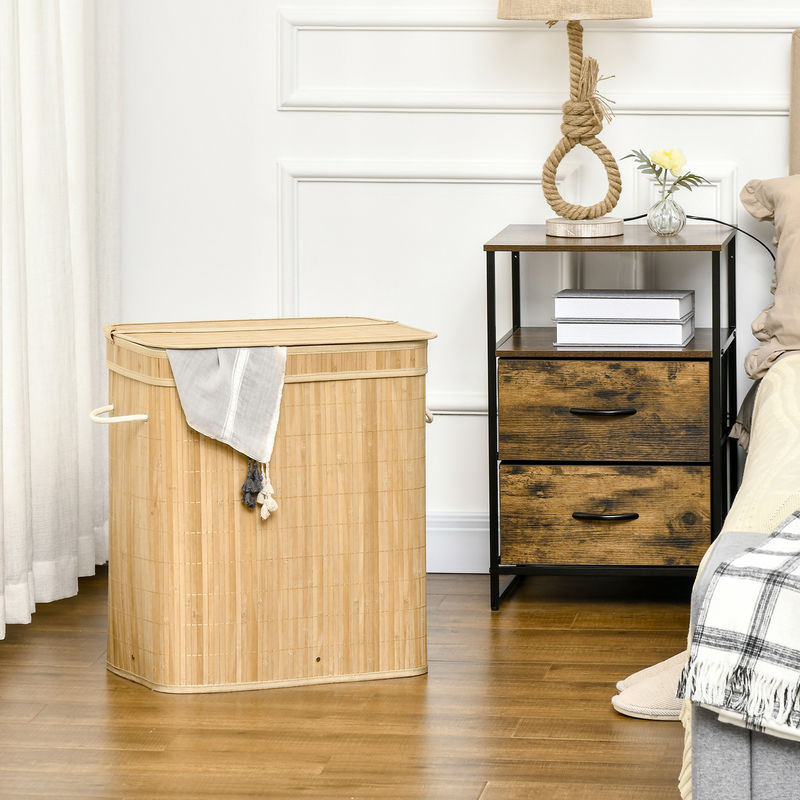 Aosom HOMCOM Bambus Wäschekorb mit Deckel und Griffen, 90 Liter Kapazität, 2 Abschnitte und abnehmbarem Stoffbeutel, Braun/Beige, B/T/H: 54,2 x 35,2 x 59,5 cm - Bild 2