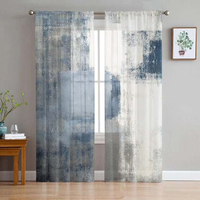 Transparenter Tüllvorhang mit abstraktem geometrischem Ölgemälde-Design von A Family Of Home Textiles in Blau, Breite: 135 cm, Höhe: 114 cm - Bild 1