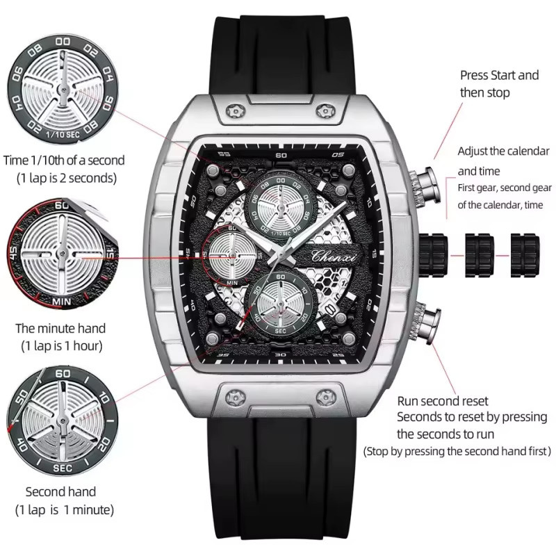 CHENXI Chronograph Herrenuhr, Quarz, Silikonarmband, Schwarz, Wasserdicht - Bild 6